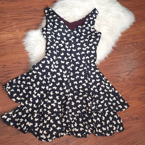 Vintage Scottie Dog Navy& Beige Ruffled Fitted Dress - Picture 2 of 6